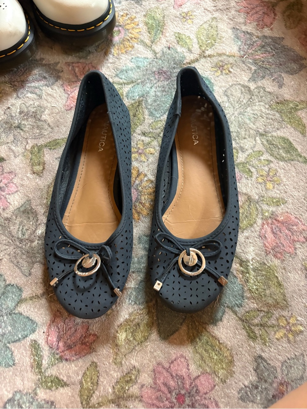 Nautica Navy Perforated Slip-On Ballet Flats with Bow and Ring Accent